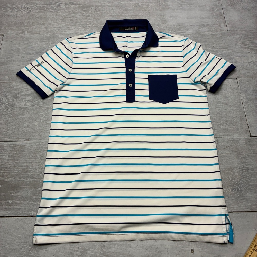 RLX Ralph Lauren Polo Shirt Mens M White Blue Striped Golf Performance Pocket
